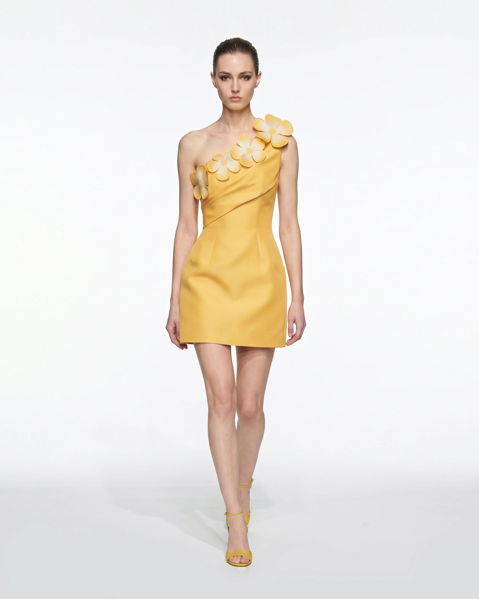 Floral Appliqu?? One Shoulder Mini Dress - Yellow
