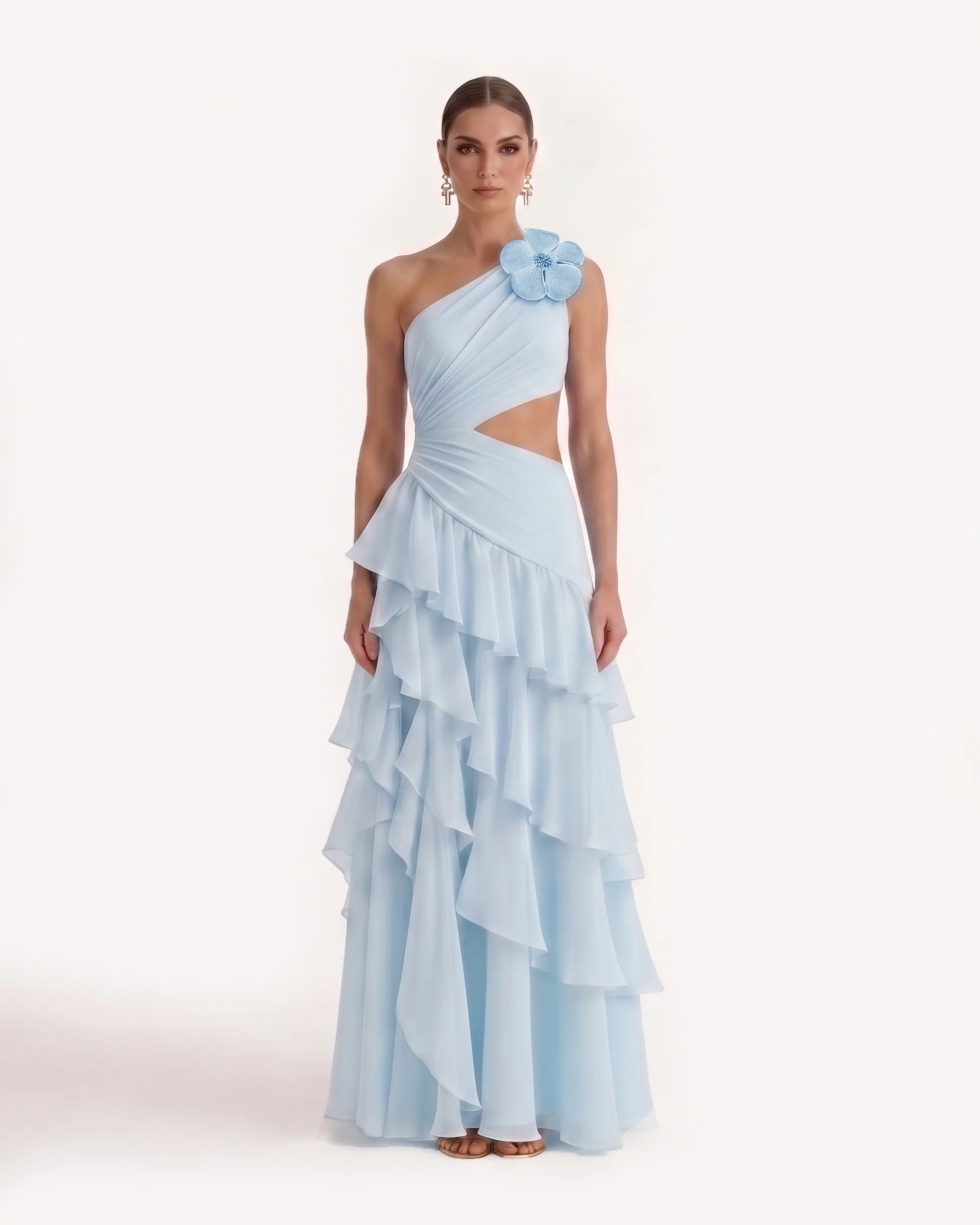One Shoulder Cutout Ruffle Chiffon Maxi Dress - Blue
