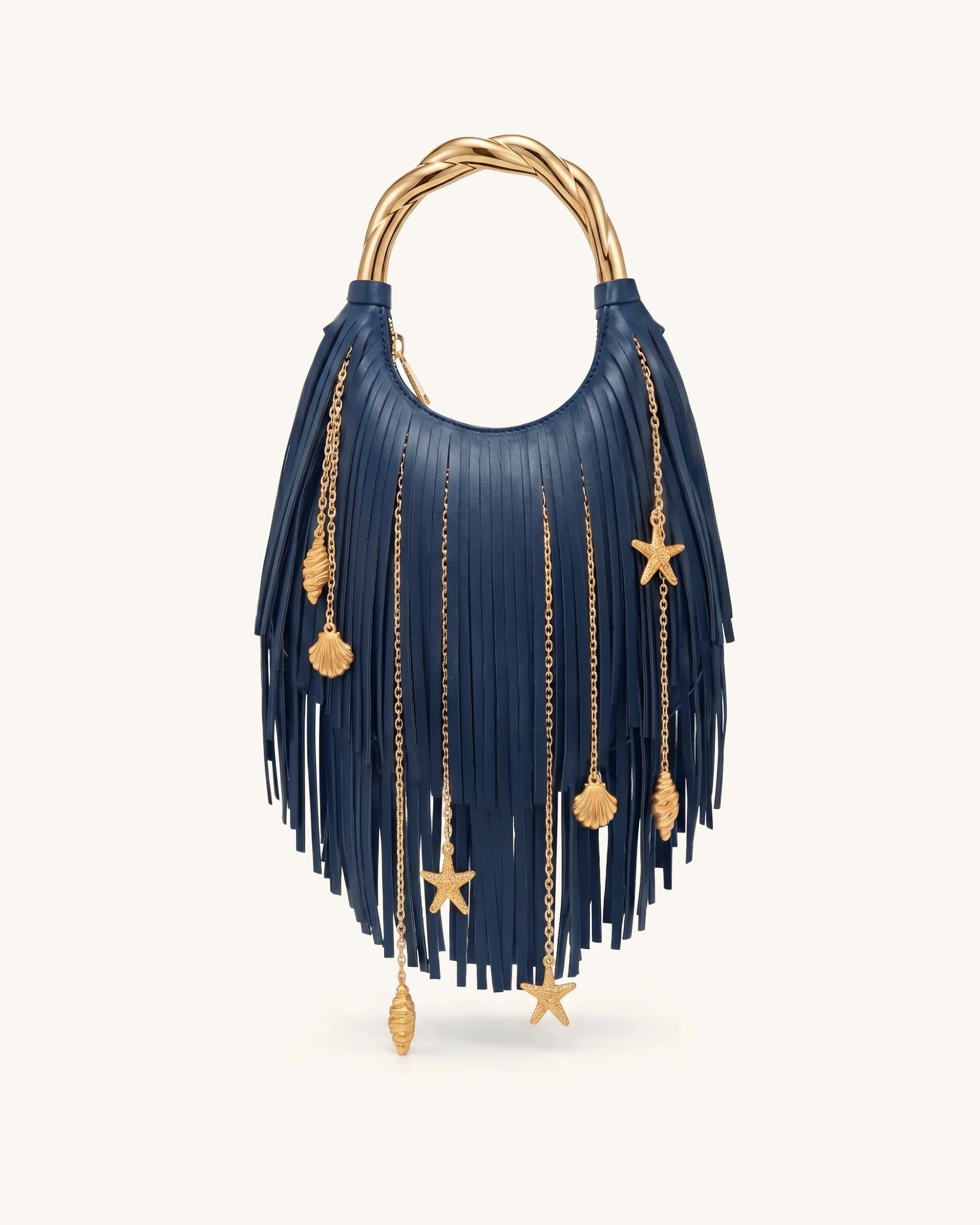 Chloe Metal Handle Fringe Top Handbag - Navy Blue