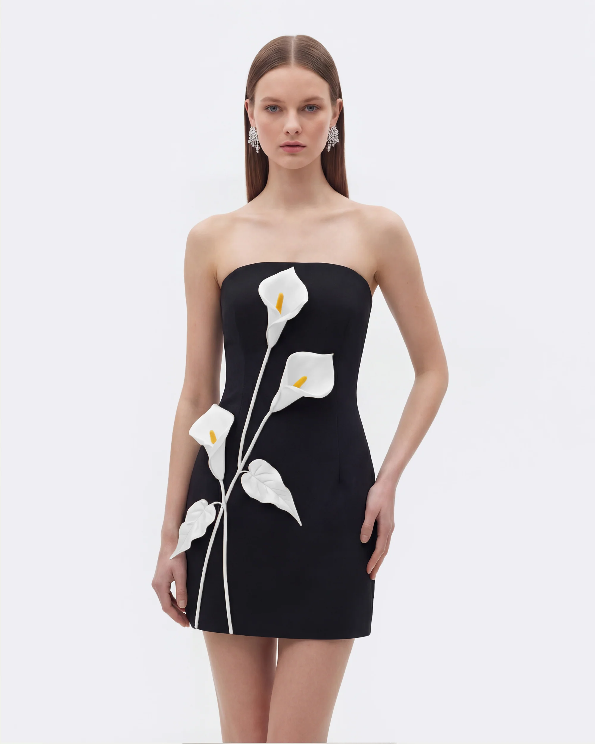 Strapless Floral Appliqu?? Dress - Black