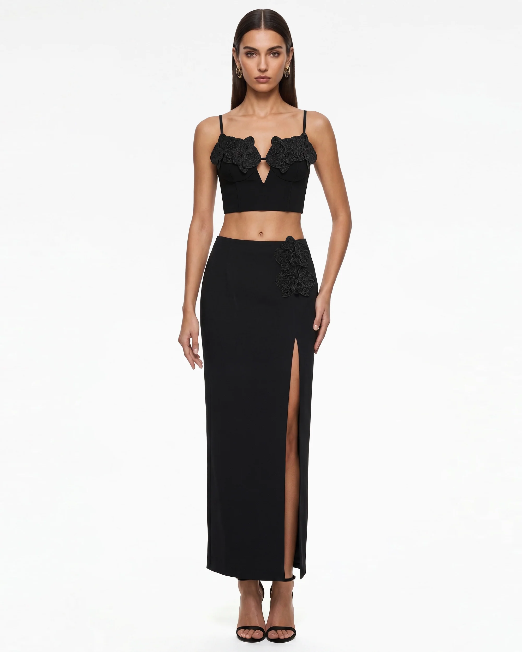 Orchid Embroidered Appliqu?? Corset Bustier Top - Black