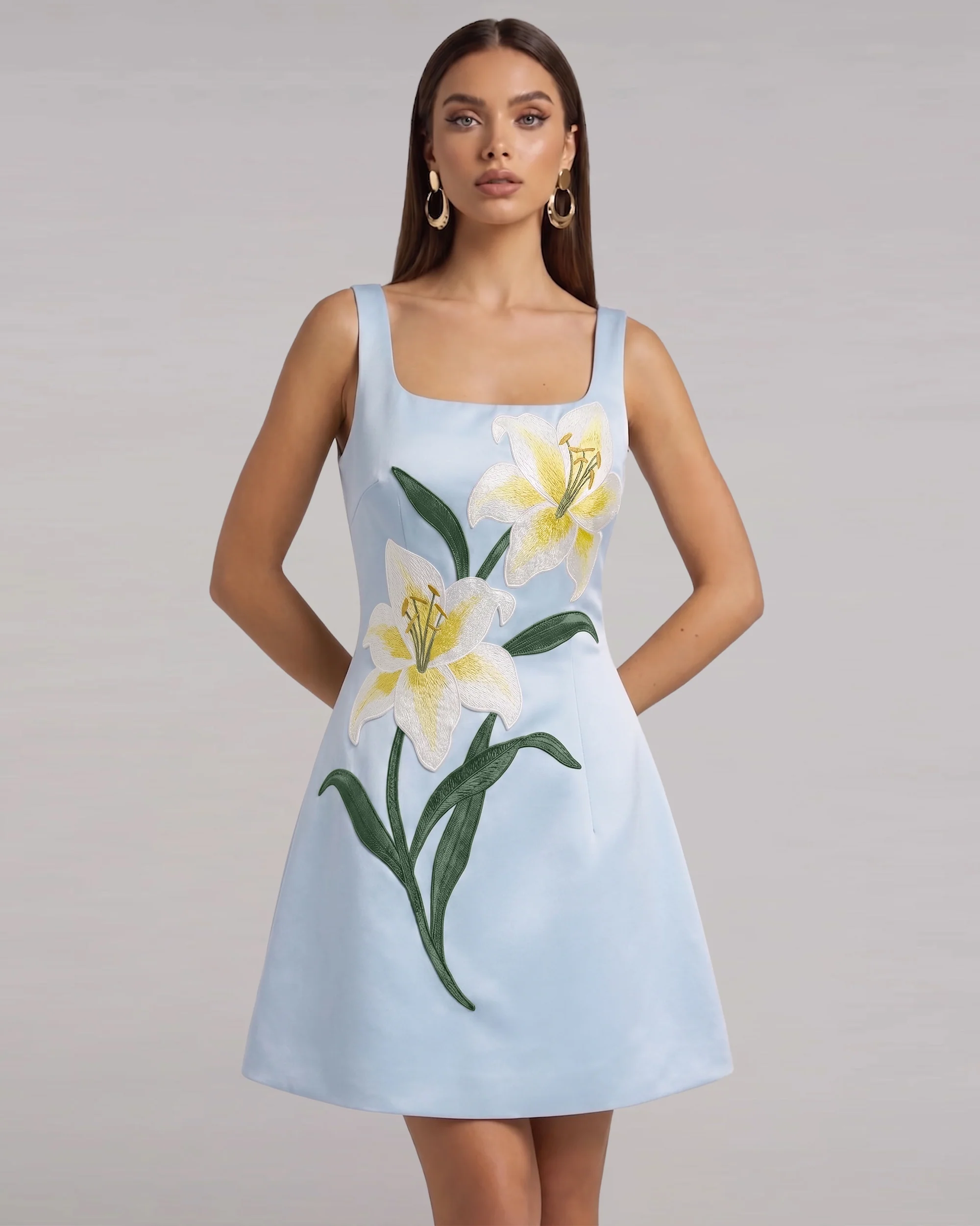 Lily Floral Print Sleeveless A-Line Mini Dress - Light Blue