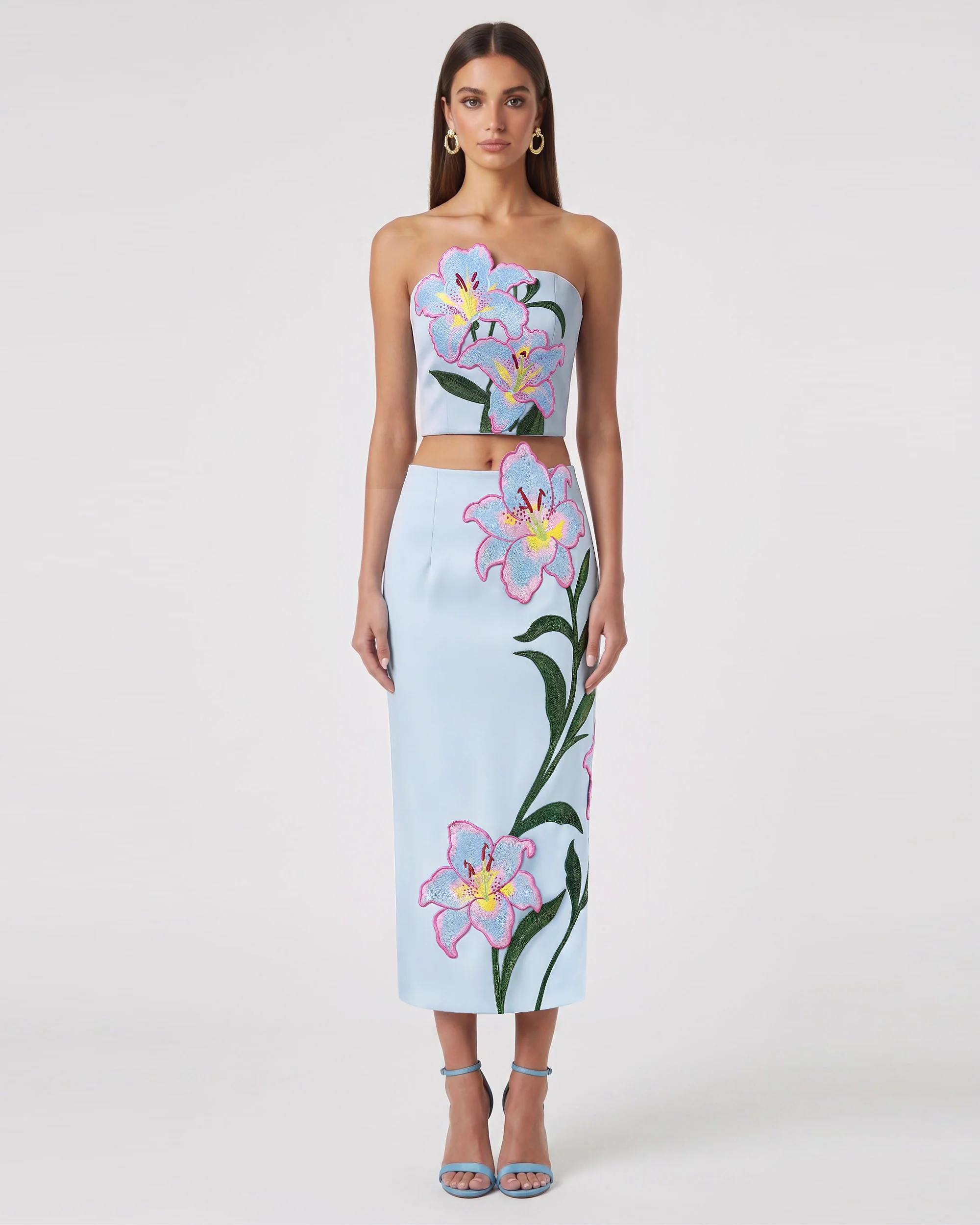 Lily Floral Embroidered Strapless Corset Top - Light Blue