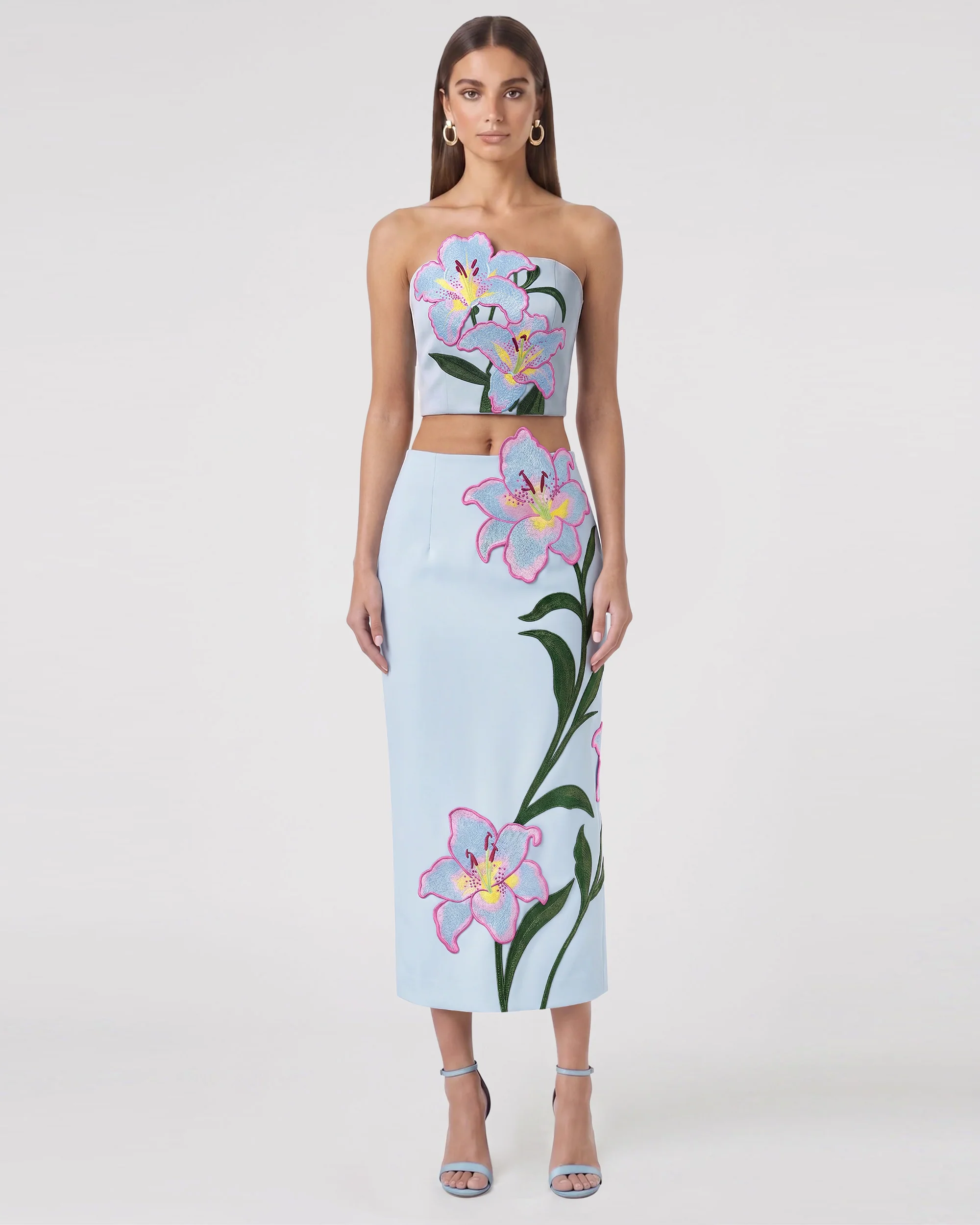 Lily Floral Embroidered High Waist Pencil Midi Skirt - Light Blue