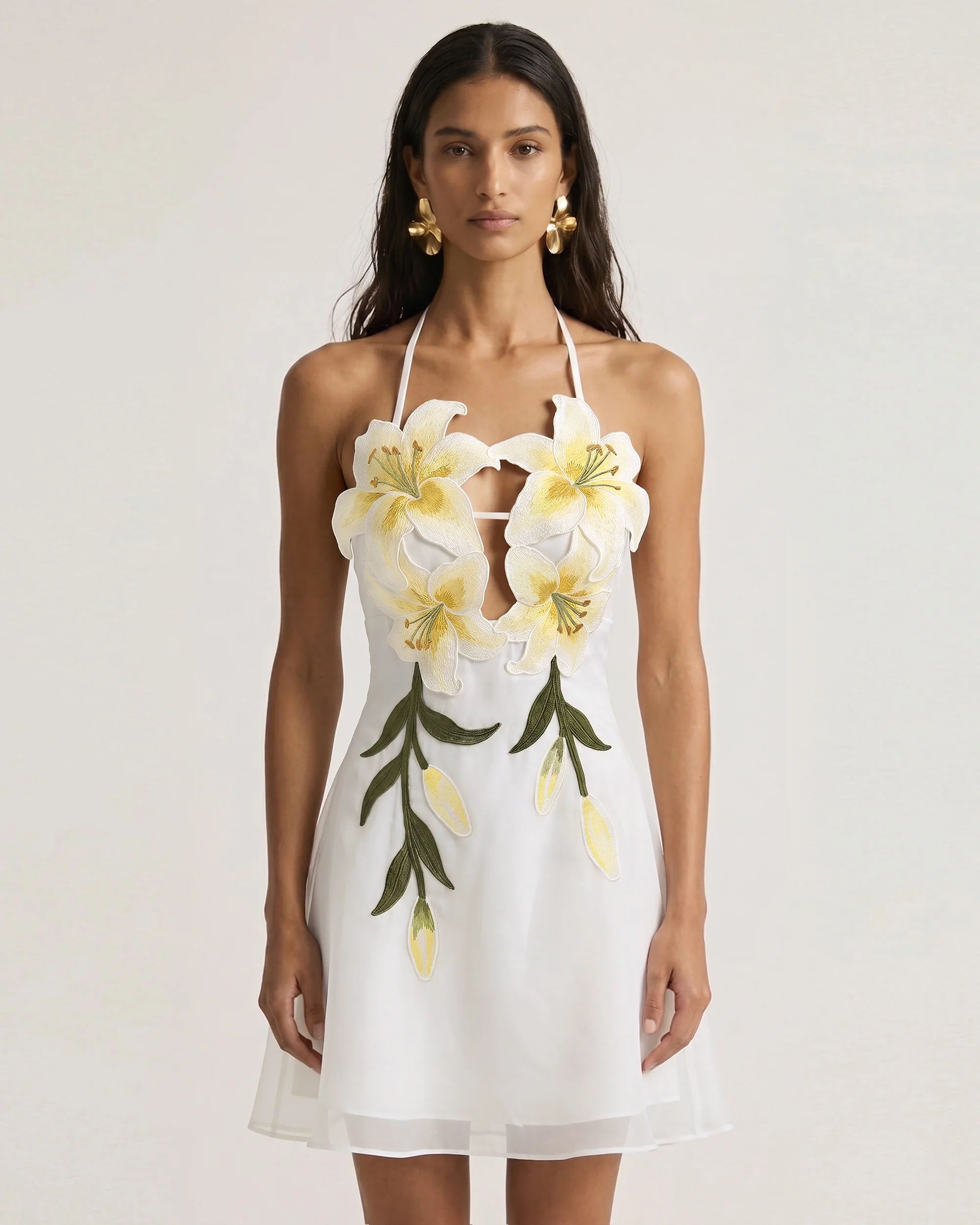 Lily-Embroidered Halter Mini Dress - White