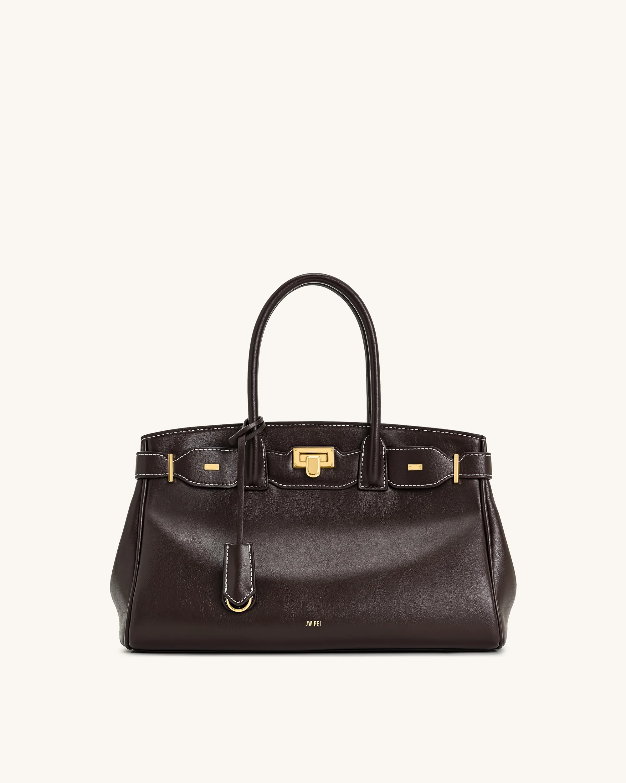 Ziva Metal Lock Decoration Tote Bag - Dark Brown