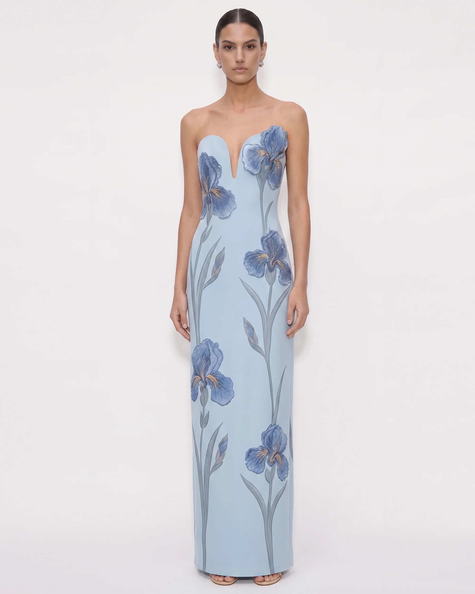 Iris Embroidered Notch Neck Strapless Maxi Dress - Light Blue