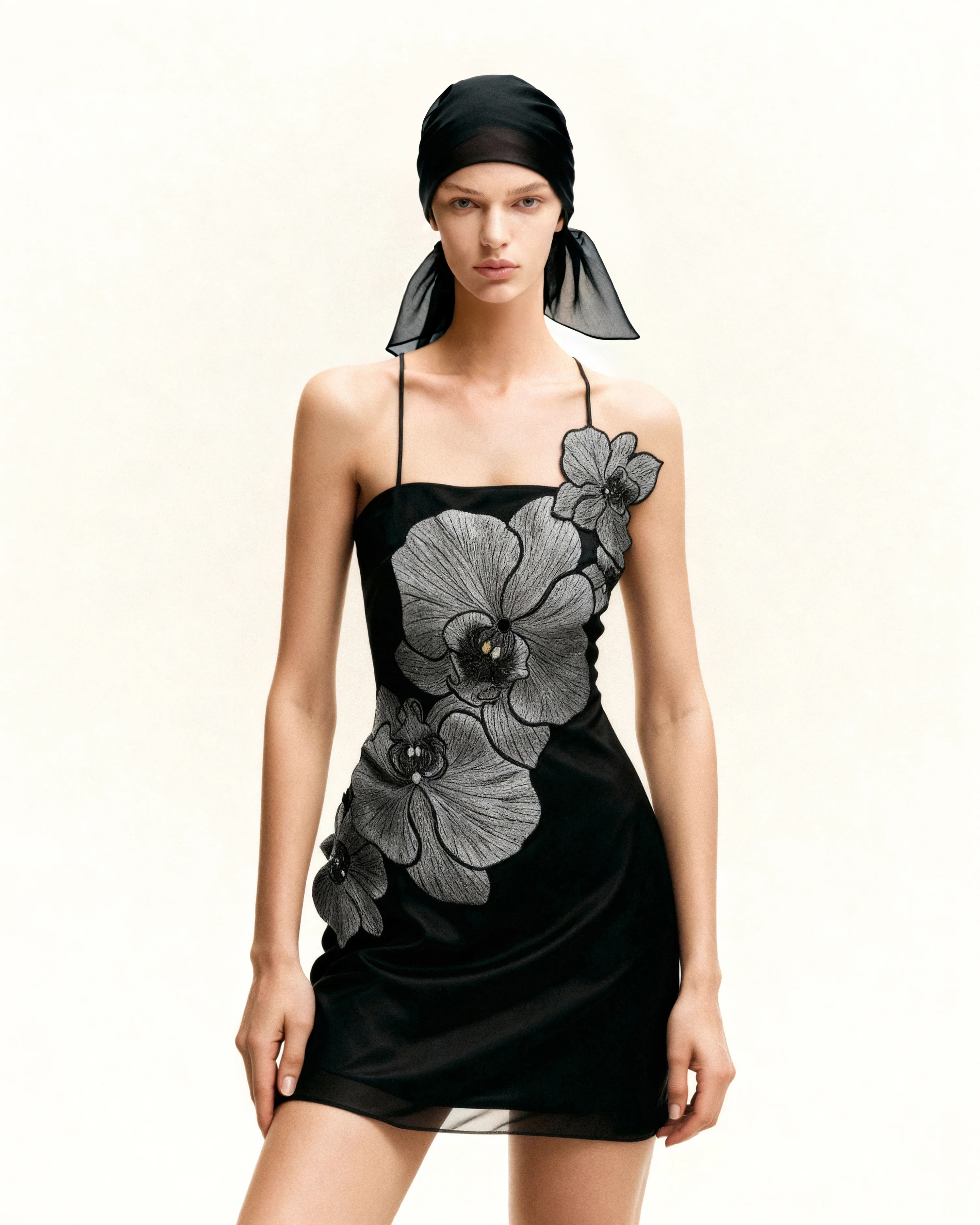 Orchid Appliqu?? Mini Dress - Black/Silver