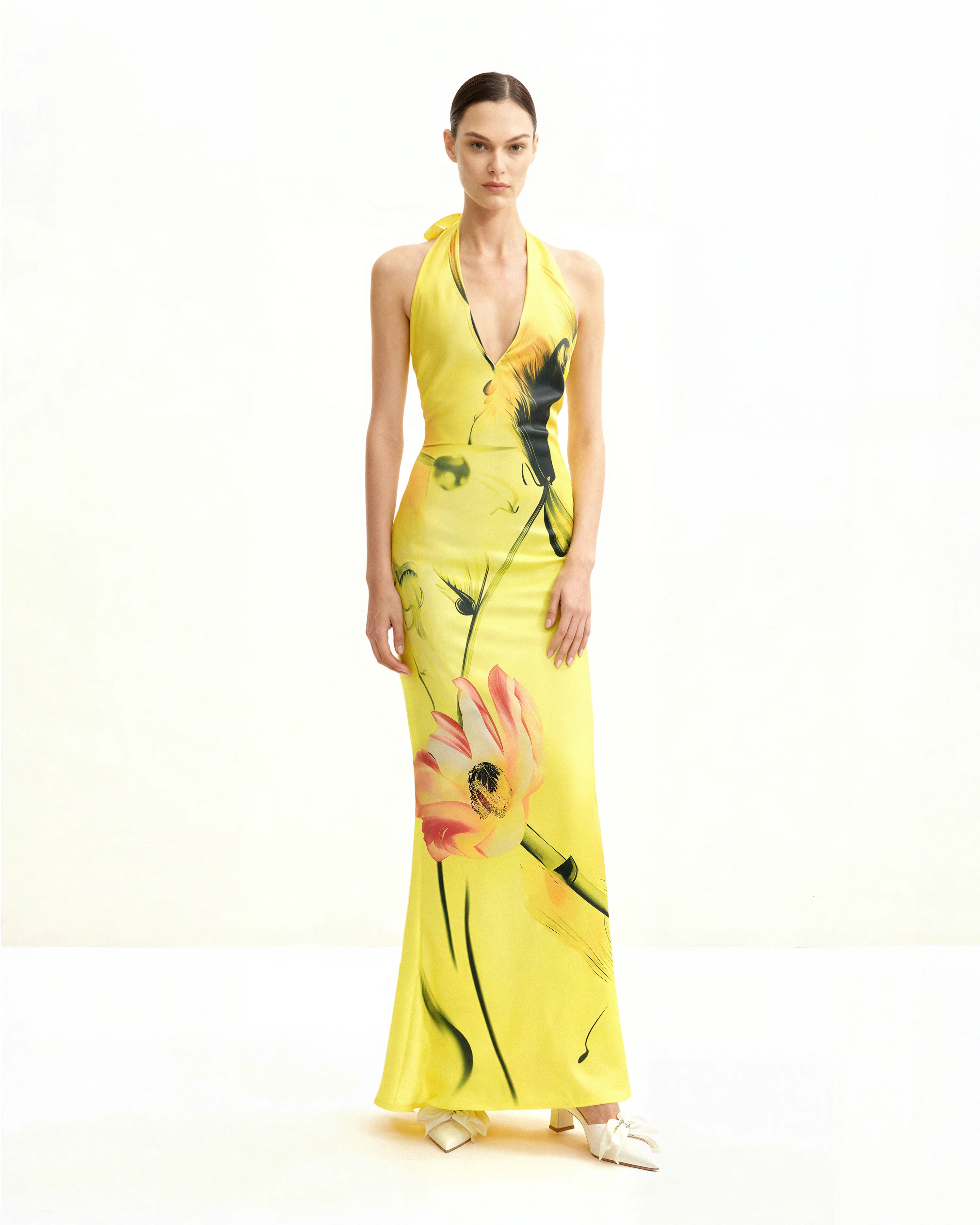 Floral Satin Halter Dress - Yellow/Pink