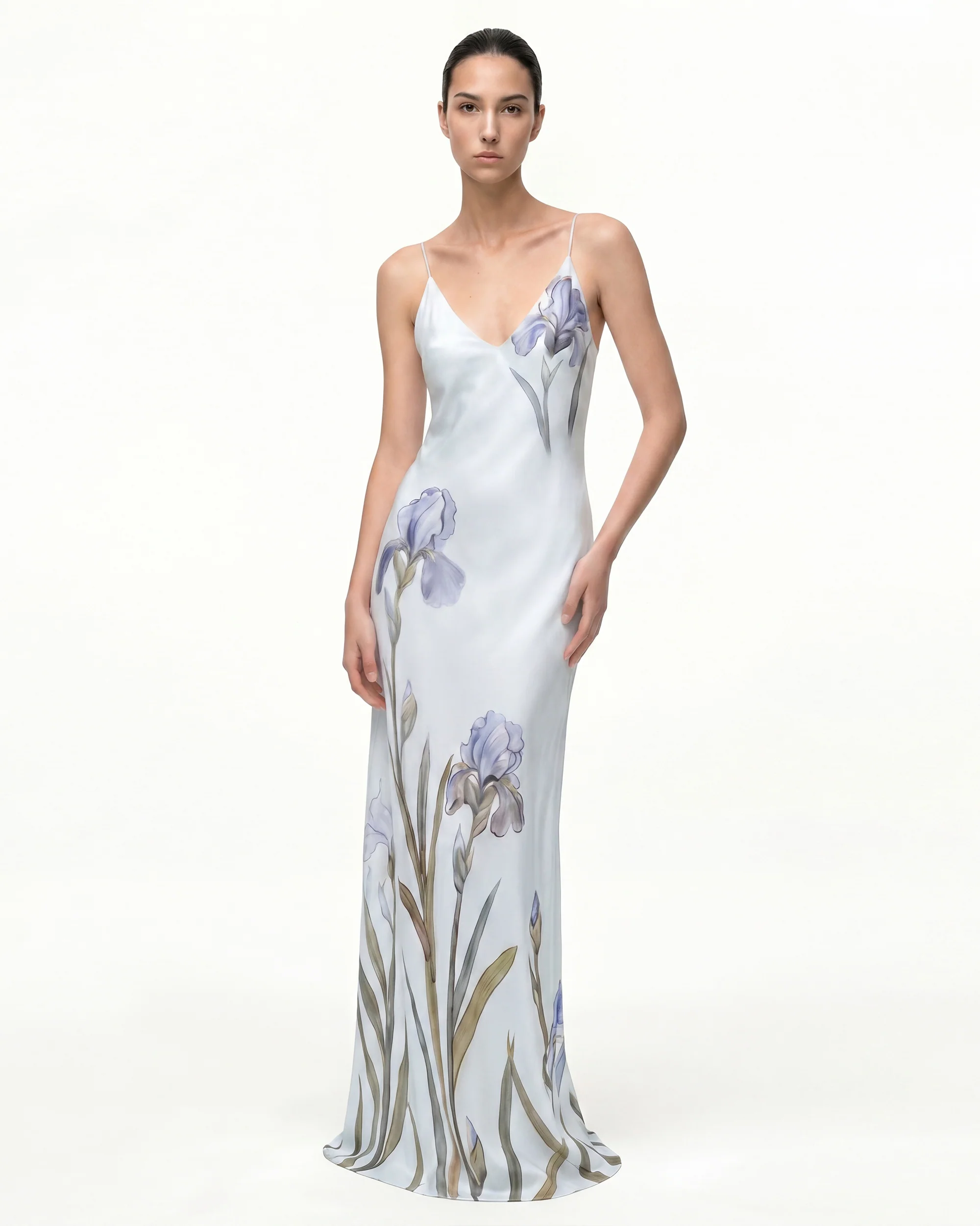 Iris Motif Satin Slip Gown - Light Blue