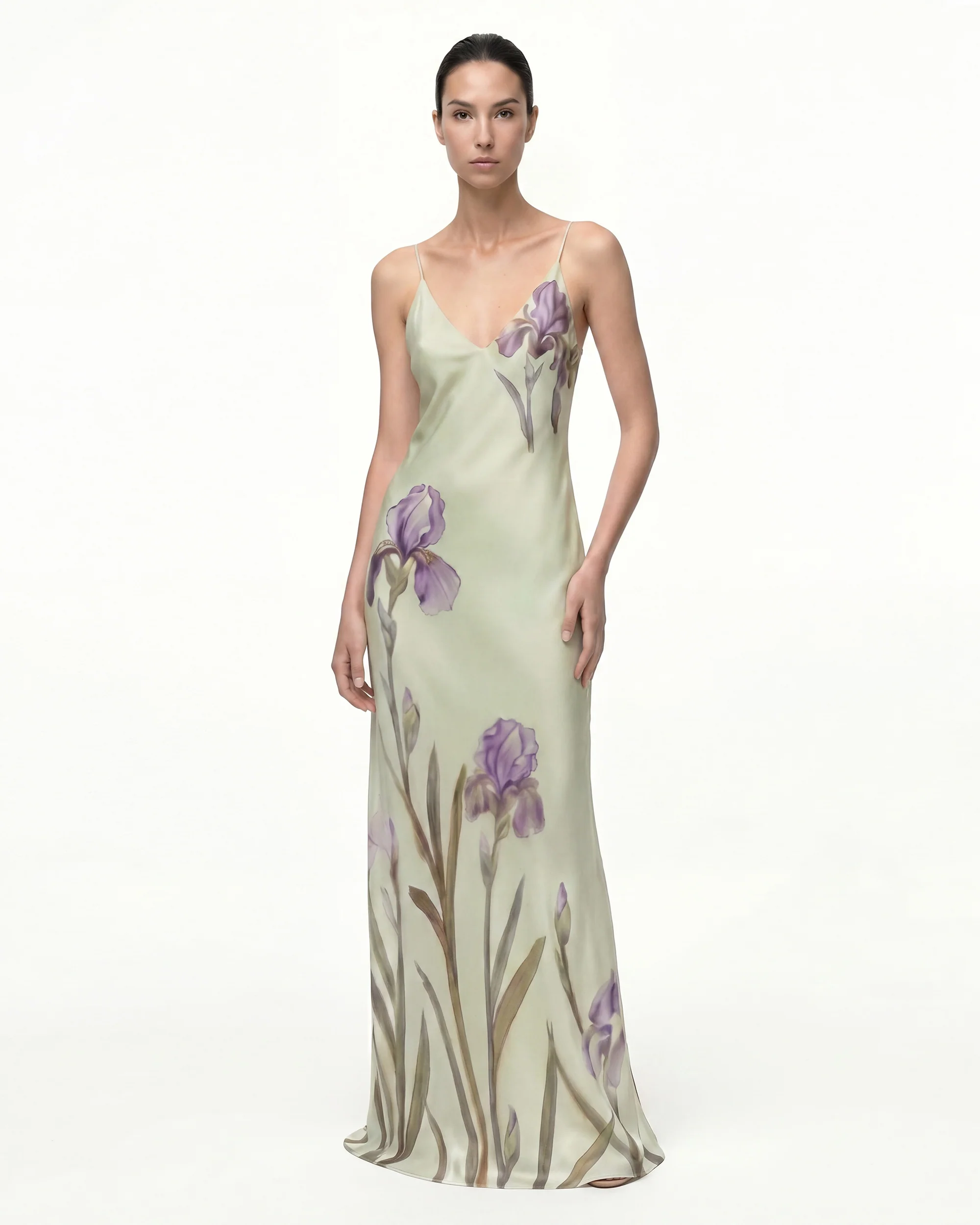 Iris Motif Satin Slip Gown - Light Green/Purple