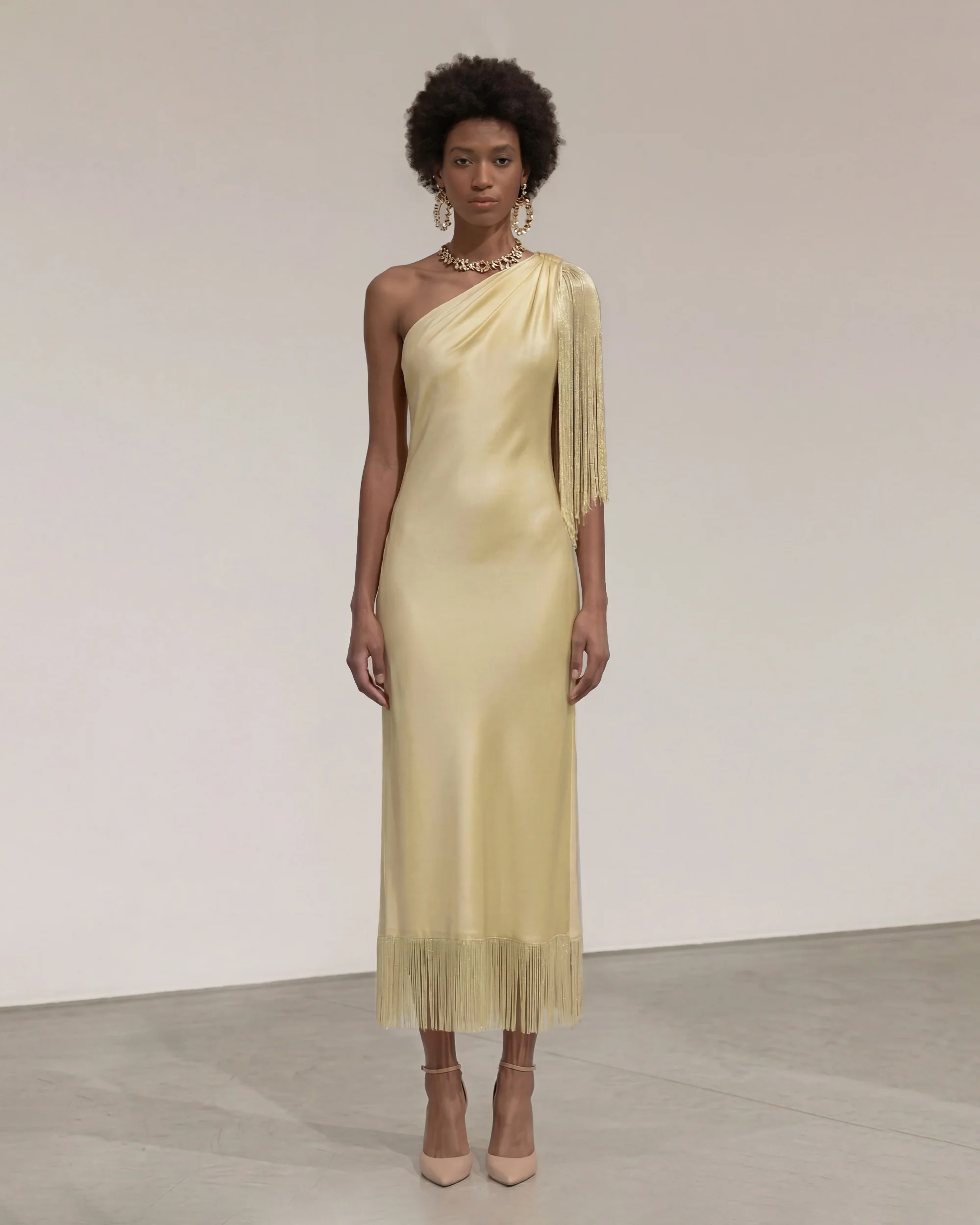 One Shoulder Fringe Midi Dress - Champagne
