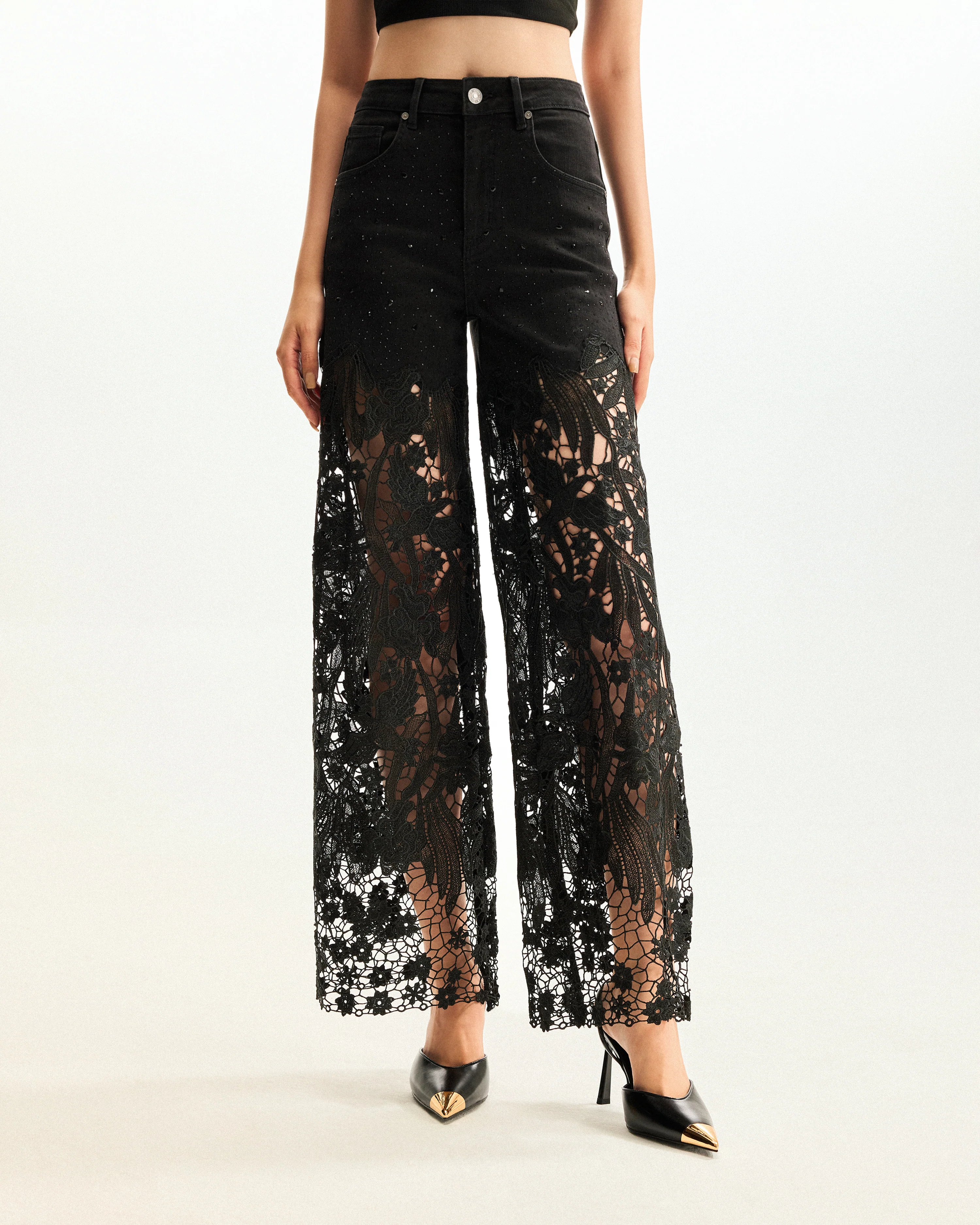 Embroidery High Rise Wide Leg Lace Denim Jeans With Rhinestone - Black
