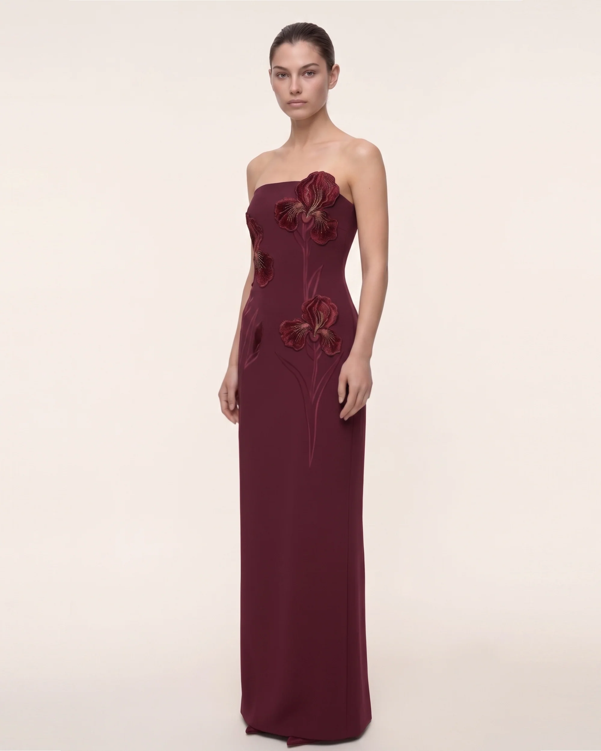 Iris Embroidered Strapless Maxi Dress - Burgundy